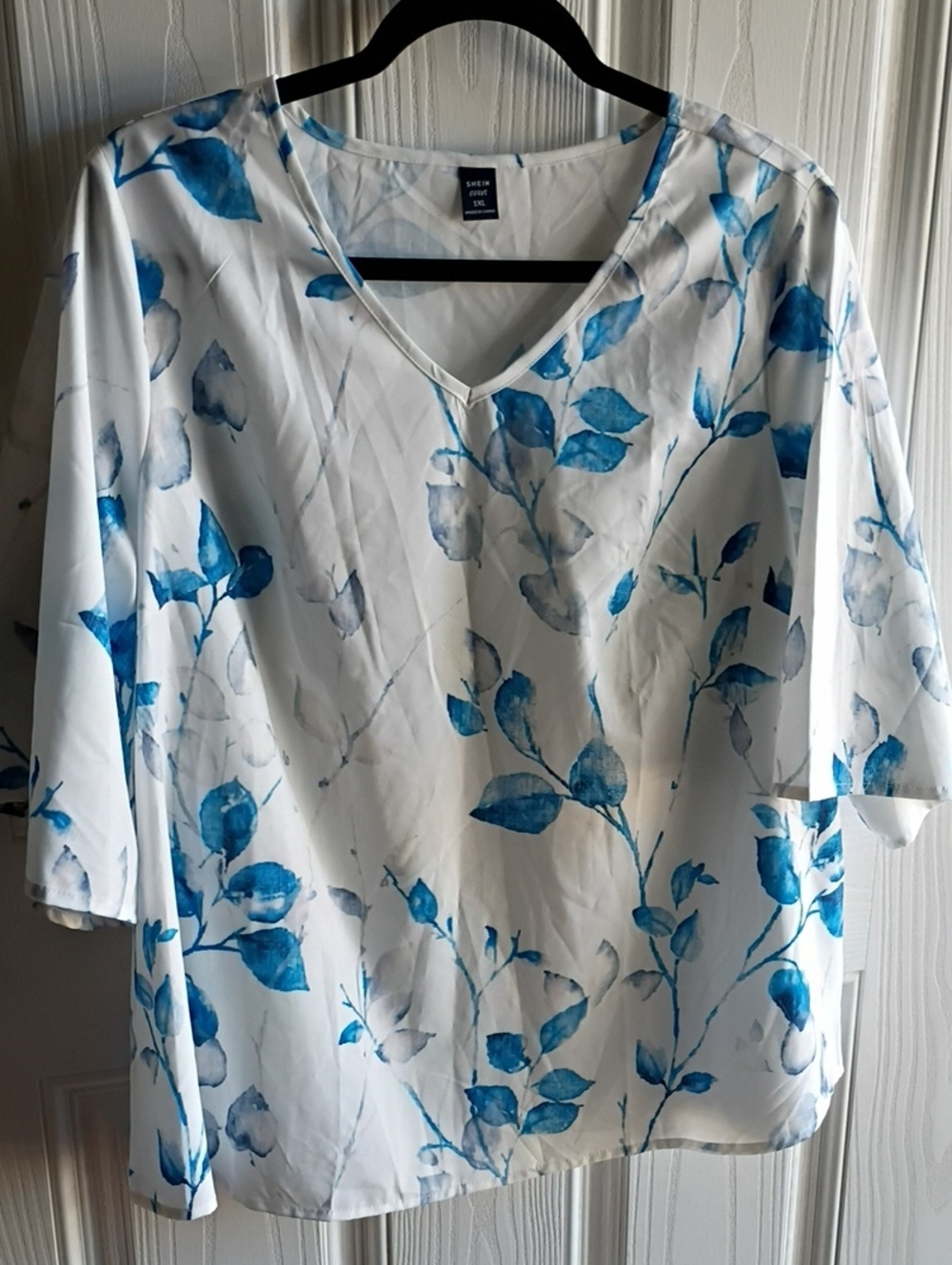 SHEIN White V-Neck Blouse with Blue Leaf Print- New